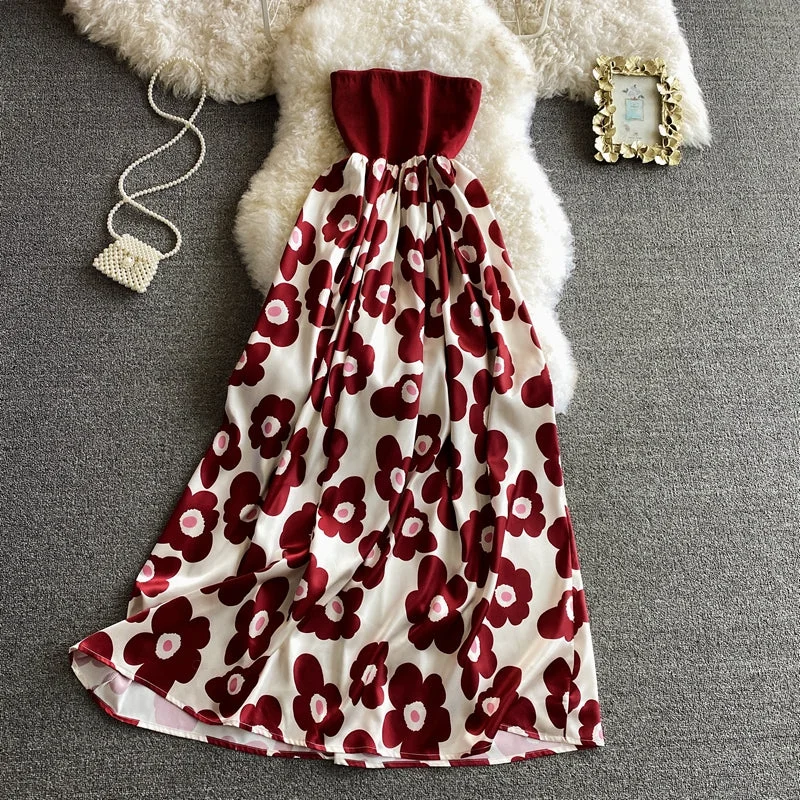 Fashionable Casual Tops Vintage printed Strapless skirt with slim waist dress  2830