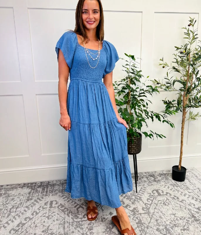 Sporty Streetwear Denim Shirred Bodice Tiered Dress