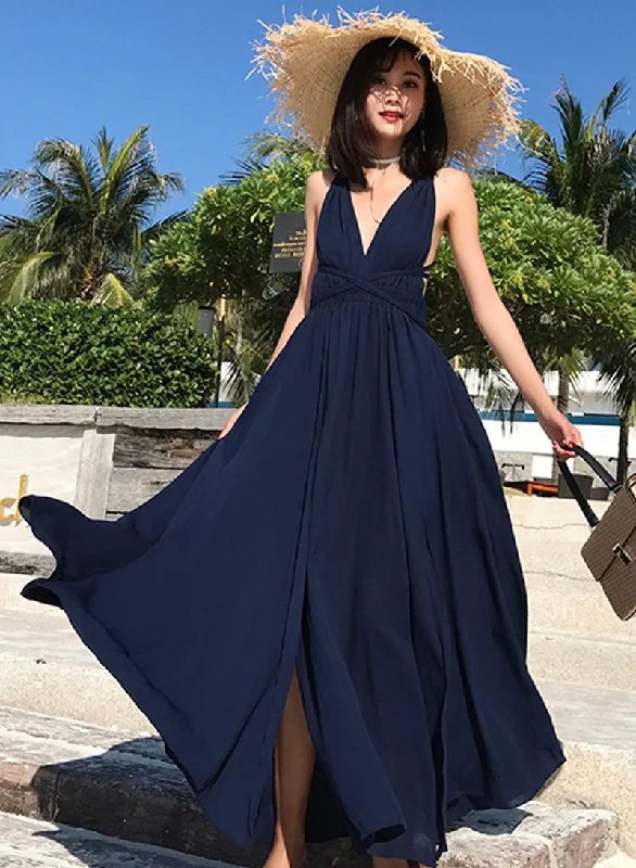 Affordable Online Boutiques Simple V neck chiffon long dress blue dress  1218