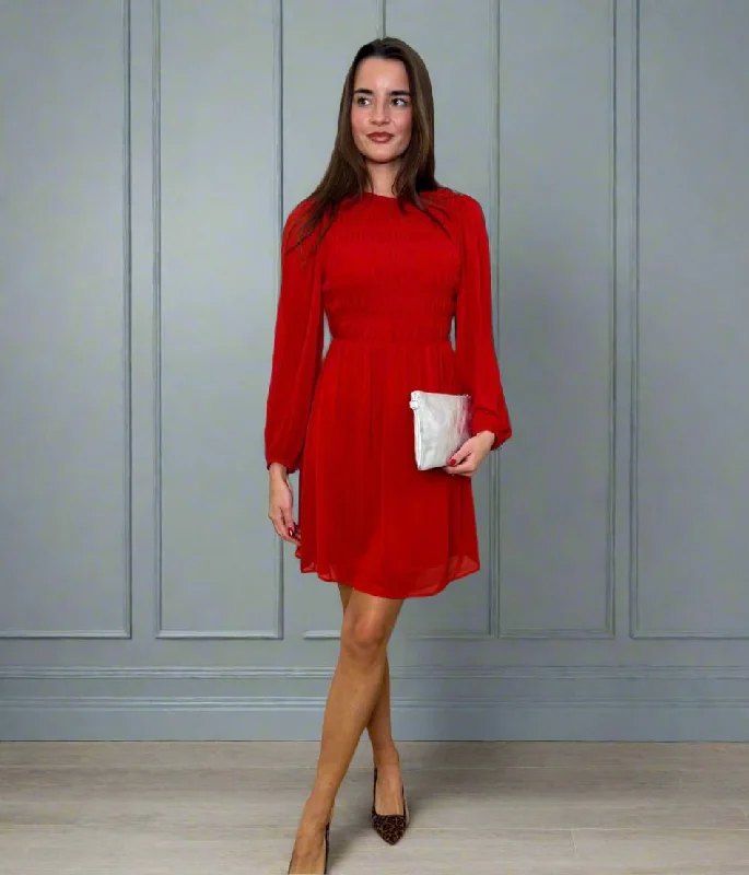 Women's Online Boutique Red Shirred Bodice Chiffon Dress