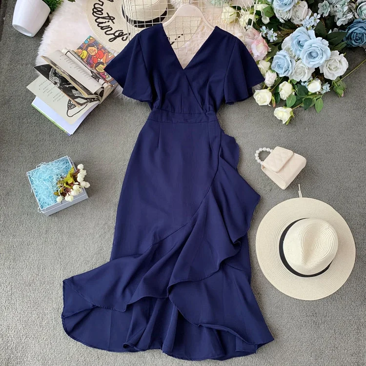 Women's High-Fashion Clothes Ruffle front short back irregular middle skirt irregular dress  3400
