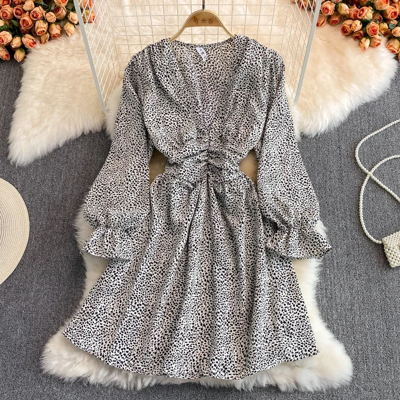 Festival Fashion V-neck bubble sleeve small leopard print dress  3128