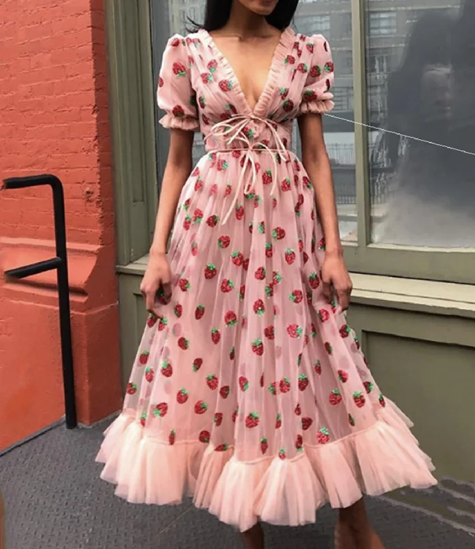 Sophisticated Fashion Cute tulle strawberry A line dress  409