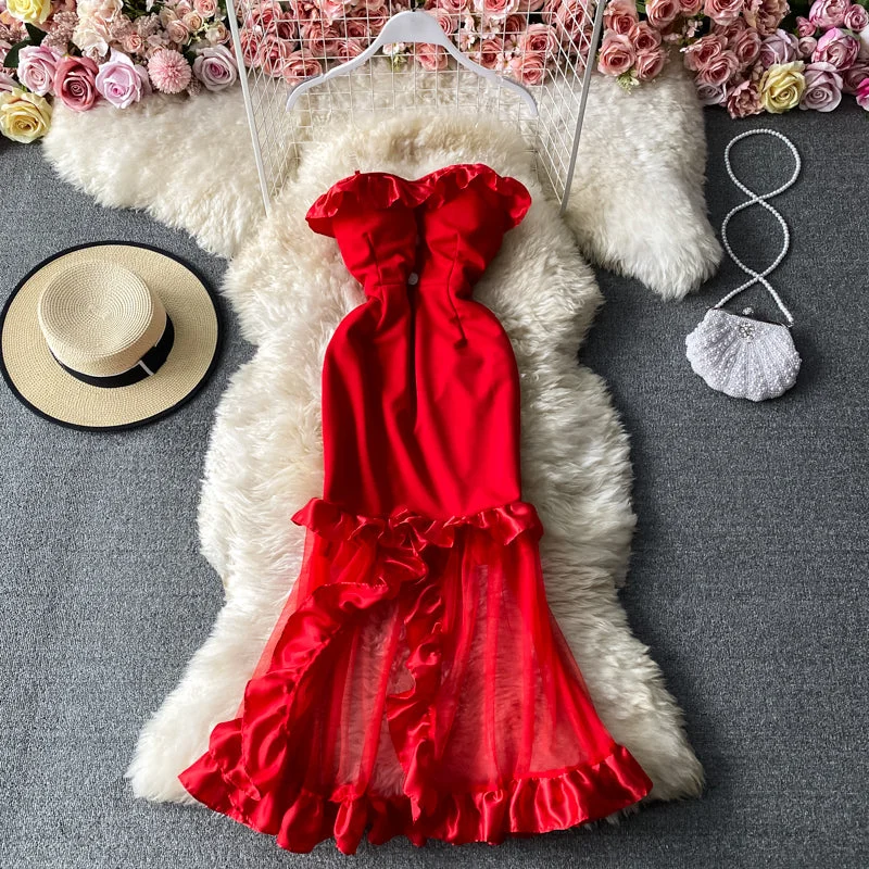 Vintage Clothing For Women Sexy Strapless exposed shoulder bag hip fishtail dress  3289
