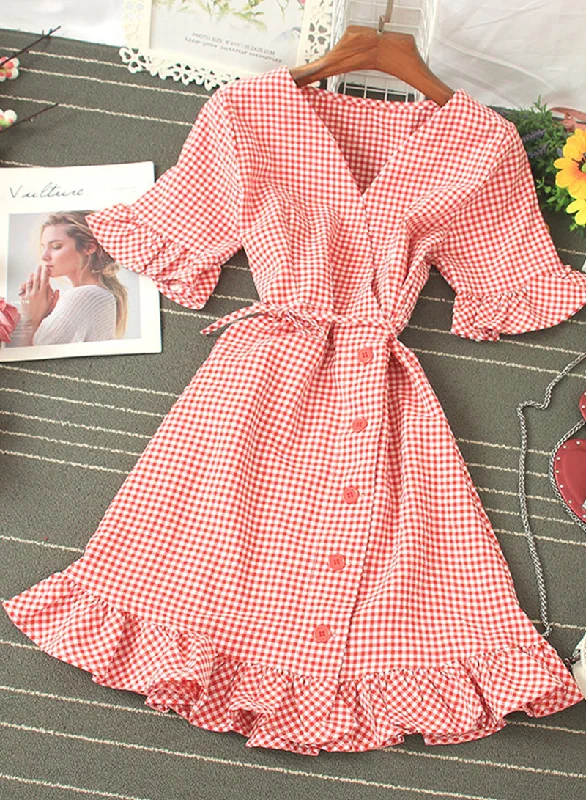 Charming Women's Outfit For Special Occasions Retro v neck plaid dress women's dress  1202