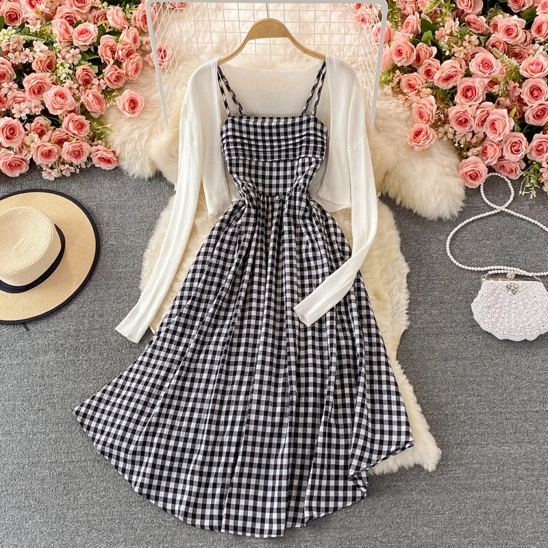 Sustainable Fashion Clothing For Women Cute plaid two-piece dress  444