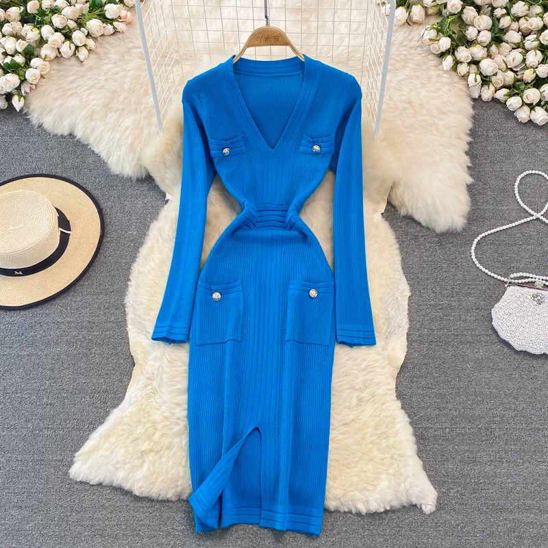 Women's Casual Wear Clothing Gold button elastic tight medium length split bottomed buttock knit dress  3751