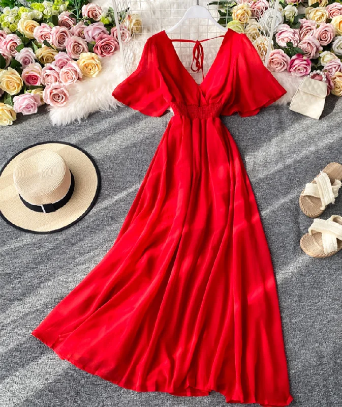 Women's Seasonal Wardrobe Clothing Red v neck chiffon dress fashion dress  1063