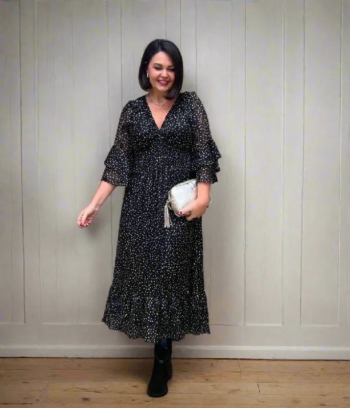 Affordable Online Boutique Black Spotted Chiffon Maxi Dress