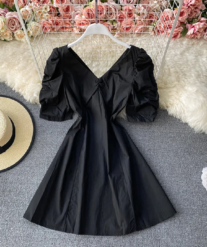 Holiday Gift Guide Sale Simple A line short dress black v neck dress  933