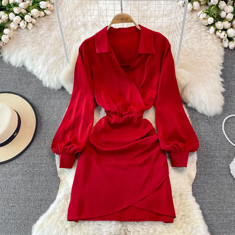 Women's Trendy Casual Clothes Lapel waistband slim pleated buttock bottomed dress  3752