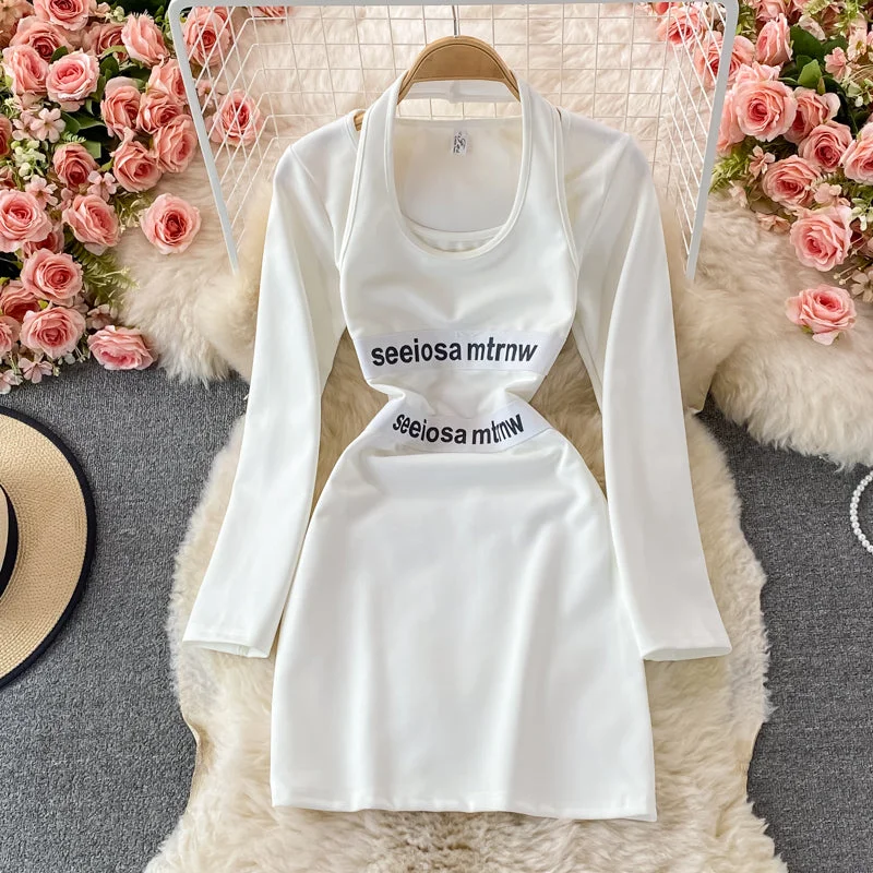 Women's Casual Clothing For Lounging Fake two piece neck and shoulder bag hip dress  2857
