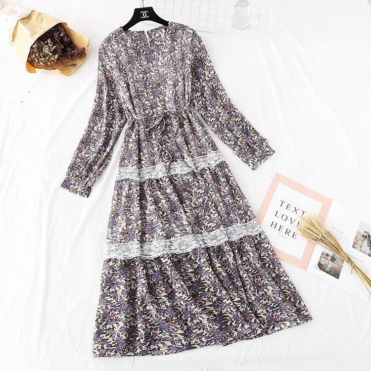 Affordable Fashion Clothing For Women Korean Chiffon Dress French retro waist broken flower  3972