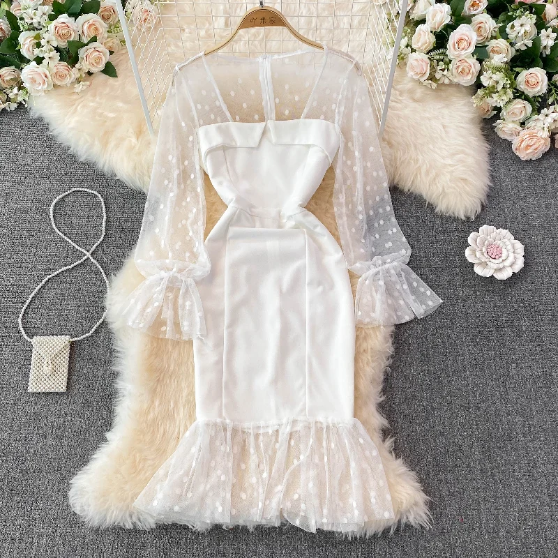 Boutique Dress Online Fashion mesh wave point splicing square neck temperament retro dress  3775