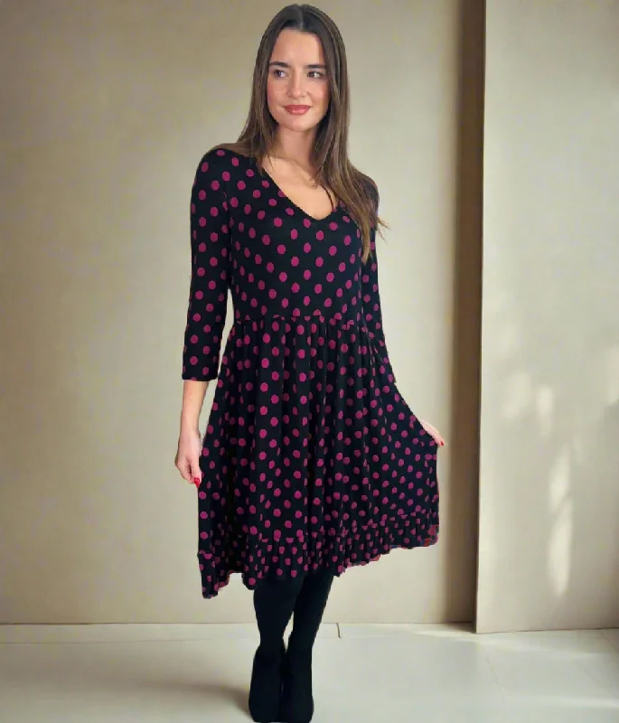 Relaxed Fit Women's Fashion Black Spotted Frill Detail Dress