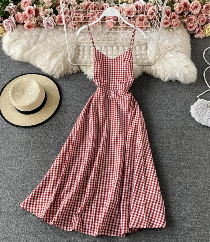 Women's Clothing Online Sale Red plaid dress A line backless dress  752