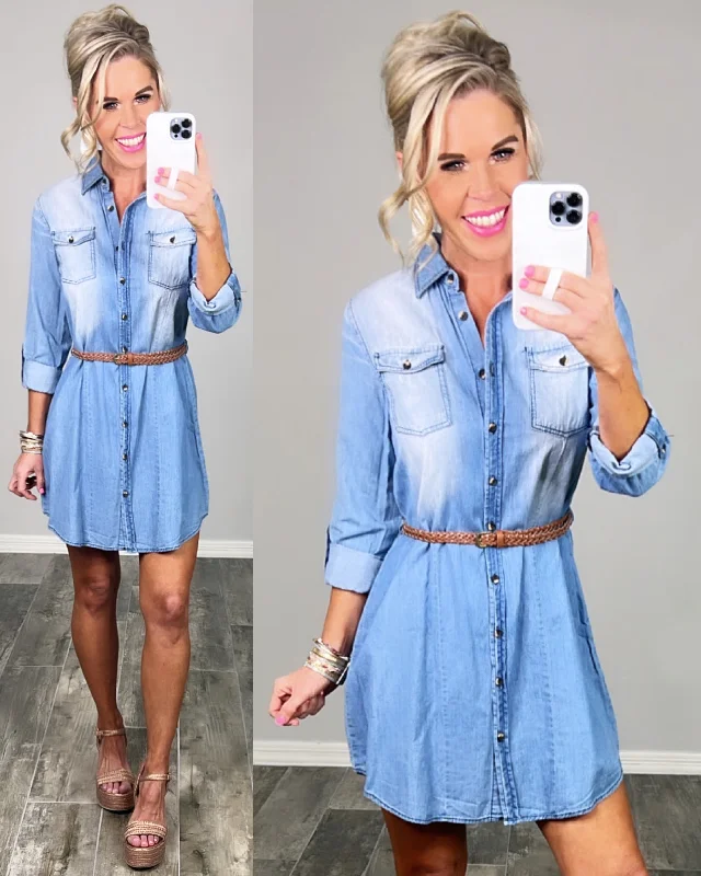 Seasonal Women's Fashion Trends Chambray Belted Dress
