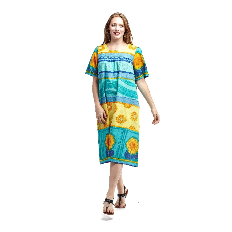Premium Style La Cera Women's Blue Cotton Short-sleeve Square-neck Lounger Dress