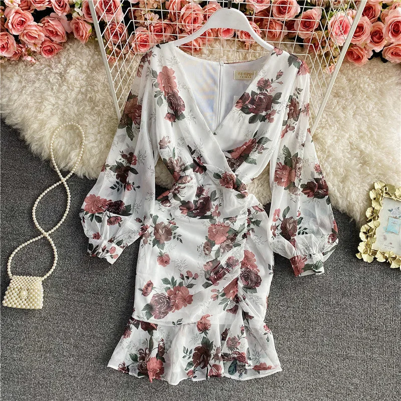 Chic And Comfortable Pleated bubble sleeve wrap hip fishtail Chiffon Dress  3423