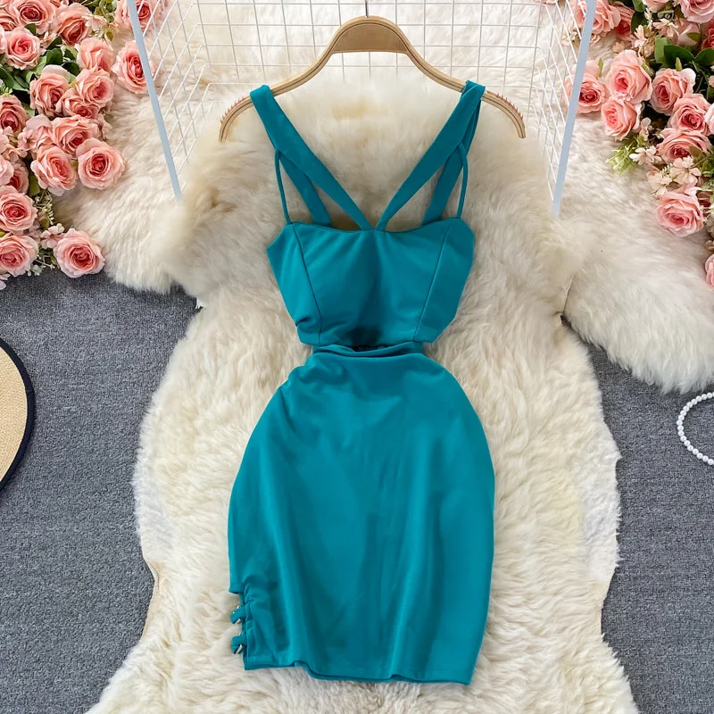 Women's Evening Wear Outfit Hanging neck, open shoulder, cross tight, hollow out, waist and hip dress  2825