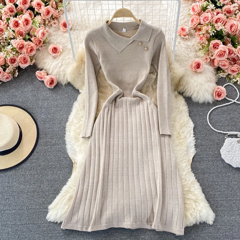 Relaxed Style Temperament lady slim waist elastic knitted Pleated Dress  2907