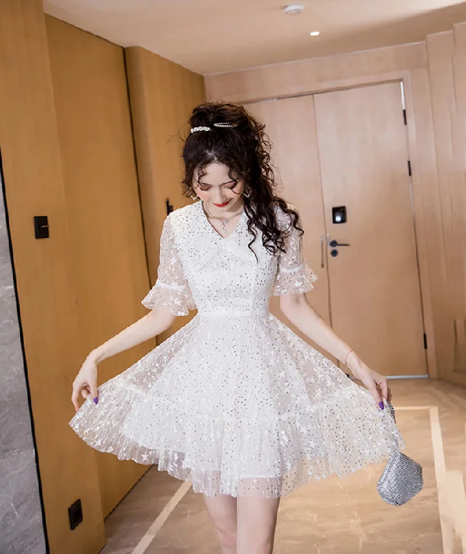 Relaxed Style White v neck tulle sequins short dress  1078
