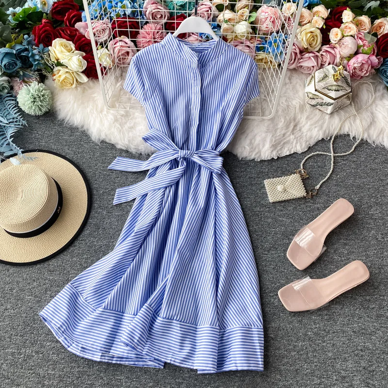 Comfortable Lounge Clothing Striped light mature dress with slim waist  2947