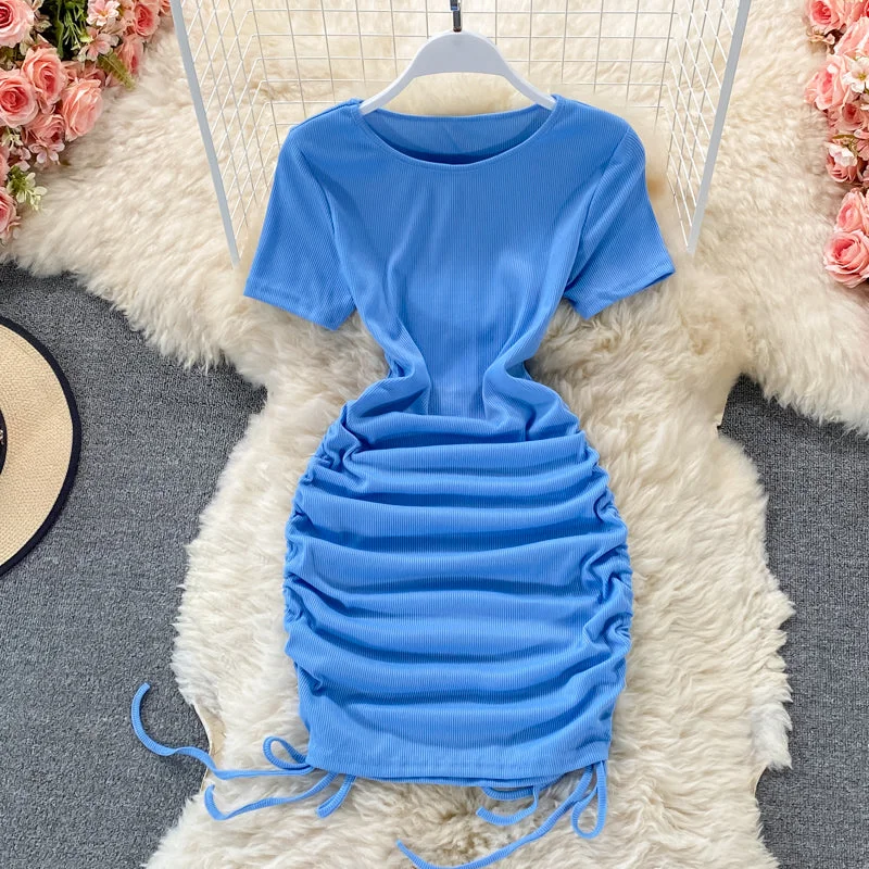 Clothing Brands Sexy drawstring temperament slim round neck tight buttock dress  2777