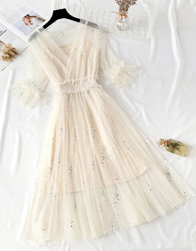 Sustainable Women's Clothing A line two pieces tulle dress with sequins  1148