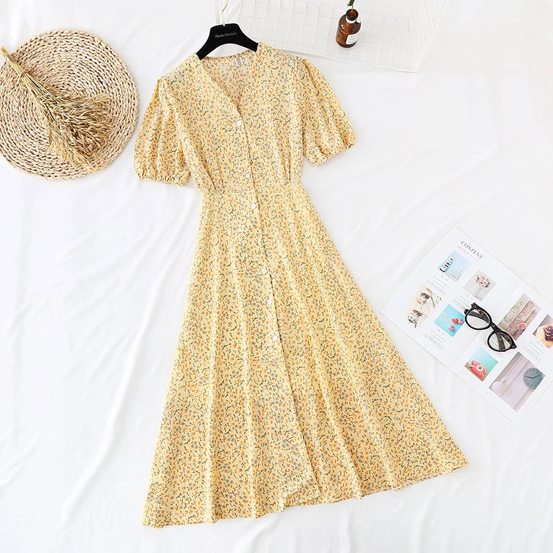Women's Casual and Dressy Outfits New waist closing single breasted slim Chiffon French retro dress  4516