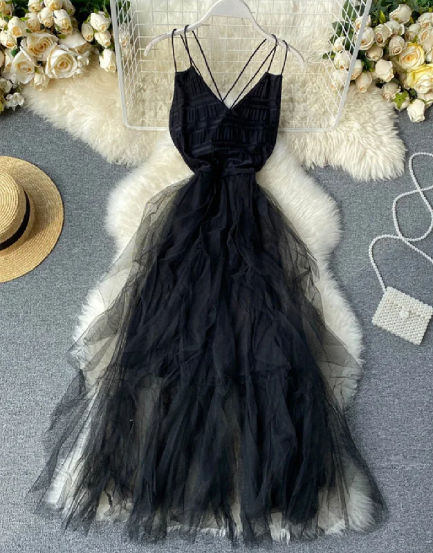Luxury Women's Clothing Black v neck tulle dress fashion dress  1121