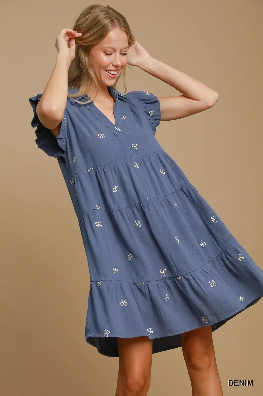 Women's Comfortable Lounge Outfit UMGEE BOW EMBROIDERED HENLEY DRESS