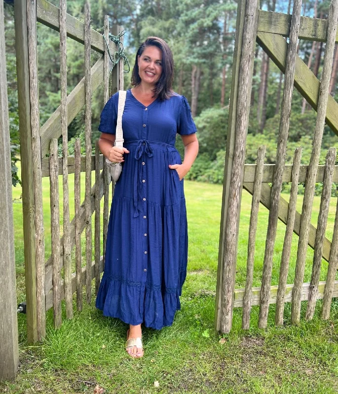 Women's Clothing For Outdoor Events Navy Button Through Maxi Dress