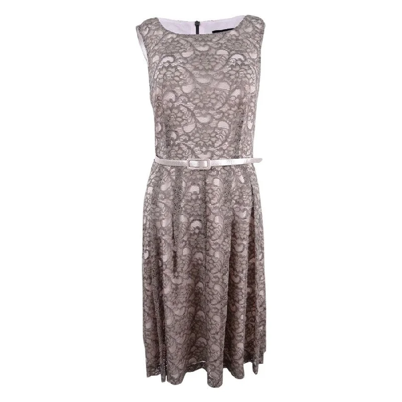 Women's Fashion Essentials Connected Women's Floral Lace Belted A-Line Dress (6, Taupe/Pink) Women's Fashion Essentials Connected Women's Floral Lace Belted A-Line Dress (6, Taupe/Pink)
