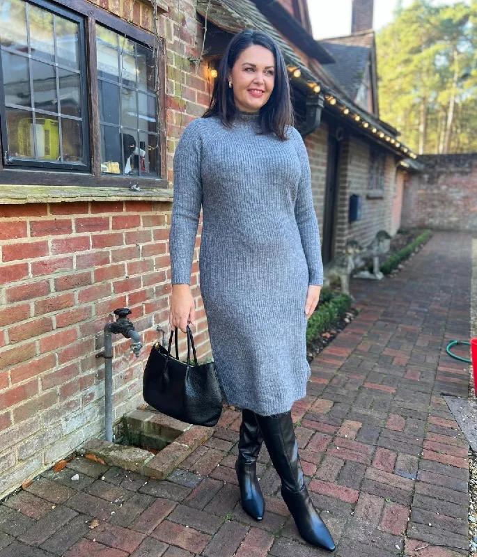 Women's Stylish Casual Garments Grey Ribbed Knitted Funnel Neck Dress