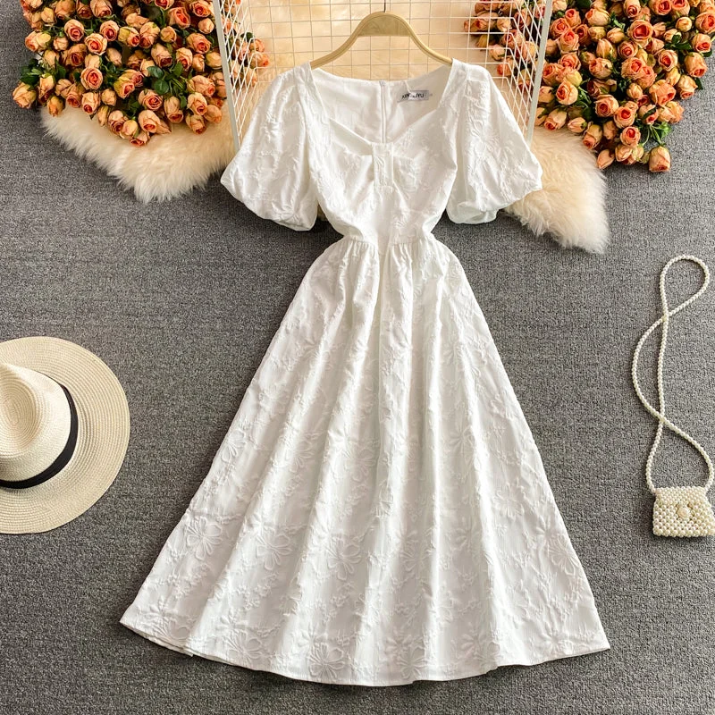 Sustainable Women's Clothes Sweet white puff sleeve dress white A line dress  583