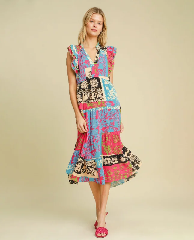 Women's Weekend Outfit Tiered Mixed Print Maxi Dress
