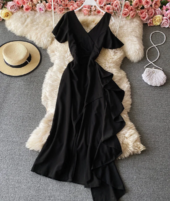 Women's Clothing And Garments Sets Unique V neck black dress short dress  896