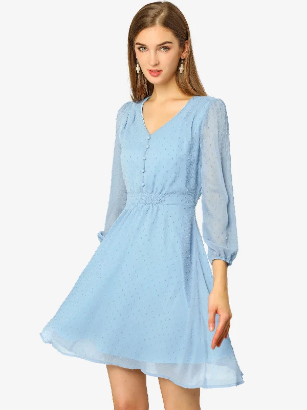 Vintage-Inspired Garments Swiss Dots Elastic Waist 3/4 Sleeve A-line Solid Flowy Chiffon Dress