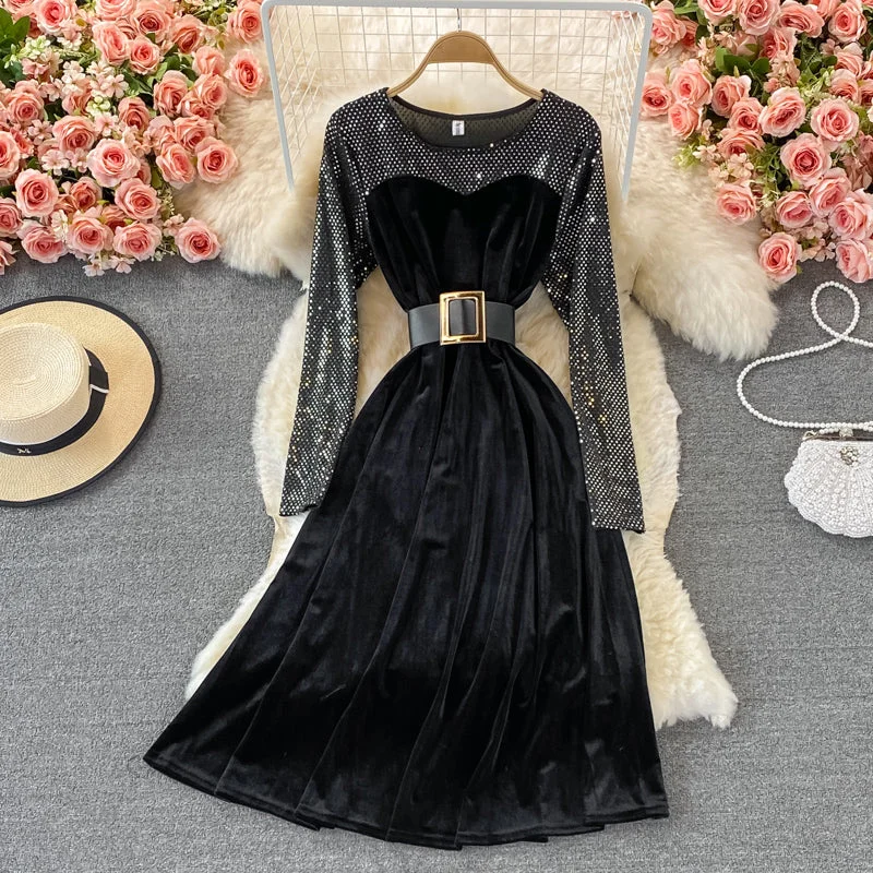 Modern Women's Wardrobe Essentials Golden velvet waist closing thin Sequin stitching Crew Neck Dress  3246
