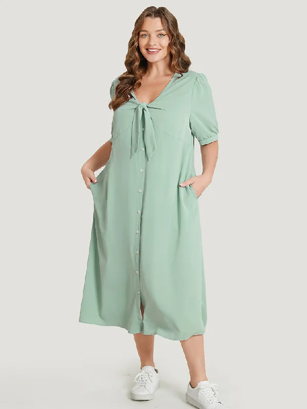 Women's Chic Outfit Plain Knotted V Neck Puff Sleeve Button Up Dress