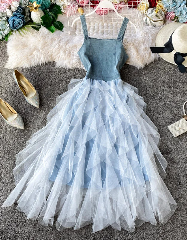 Women's Vintage Clothes A line denim stitching dress summer dress  1123