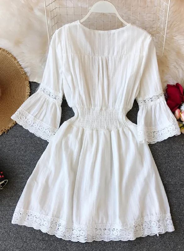 Trendy Casual Outfits A line white hollow lace dress summer dress  1206