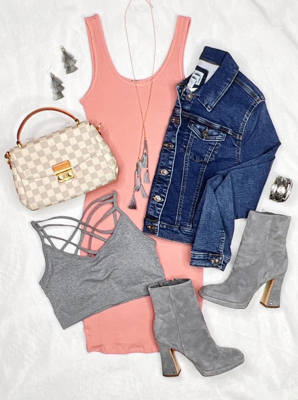 Relaxed Style Basic Ribbed Tank Dress - Rose