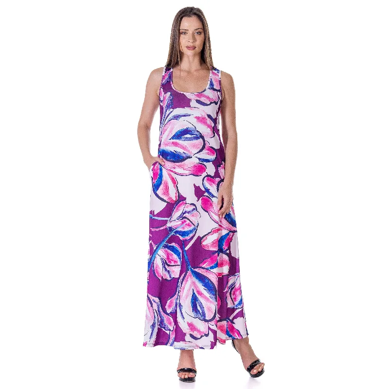 Sustainable Women's Clothes 24seven Comfort Apparel Womens Casual Purple Floral Scoop Neck Sleeveless Maxi Dress With Pockets