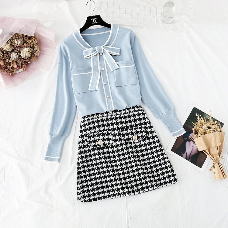 Affordable Women's Clothing Online Knitwear + tweed skirt two piece dress   3951