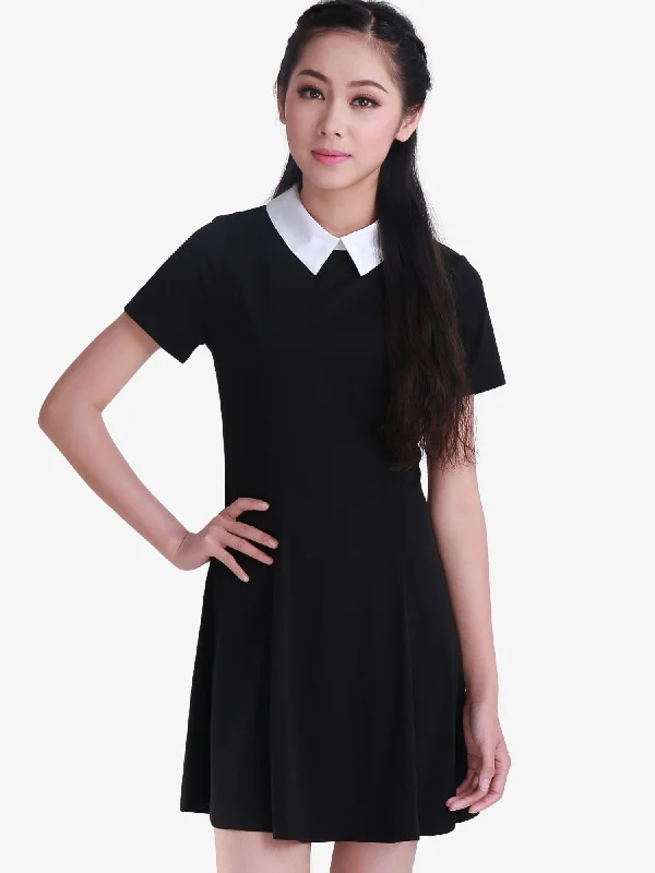 Women's Casual Wear Clothes Contrast Doll Collar Short Sleeve Above Knee Flare Dress