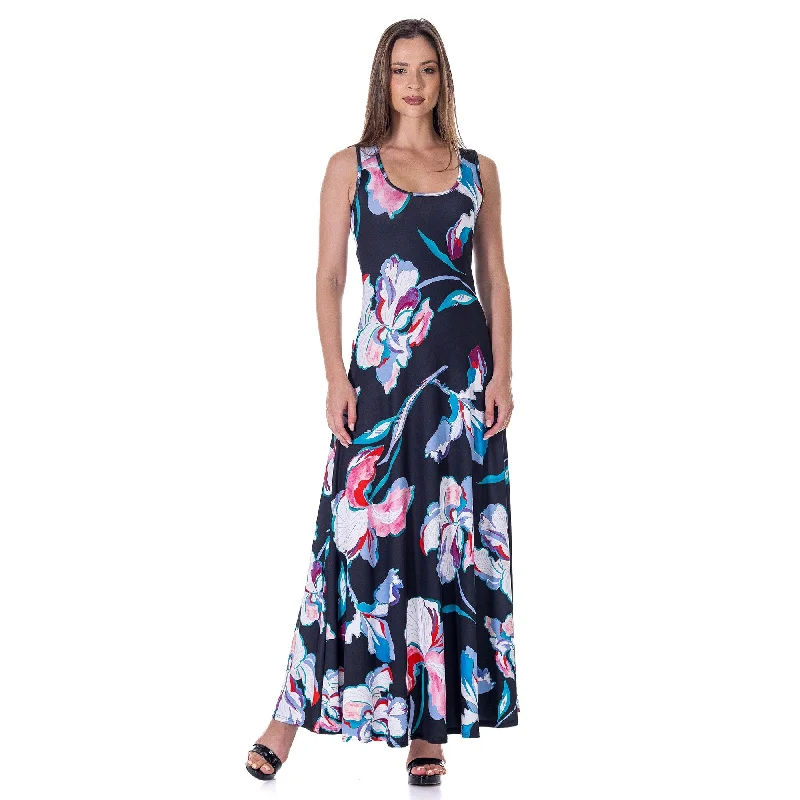 Plus-Size Women's Garments 24seven Comfort Apparel Womens Black Floral Print Scoop Neck A Line Sleeveless Maxi Dress Plus-Size Women's Garments 24seven Comfort Apparel Womens Black Floral Print Scoop Neck A Line Sleeveless Maxi Dress