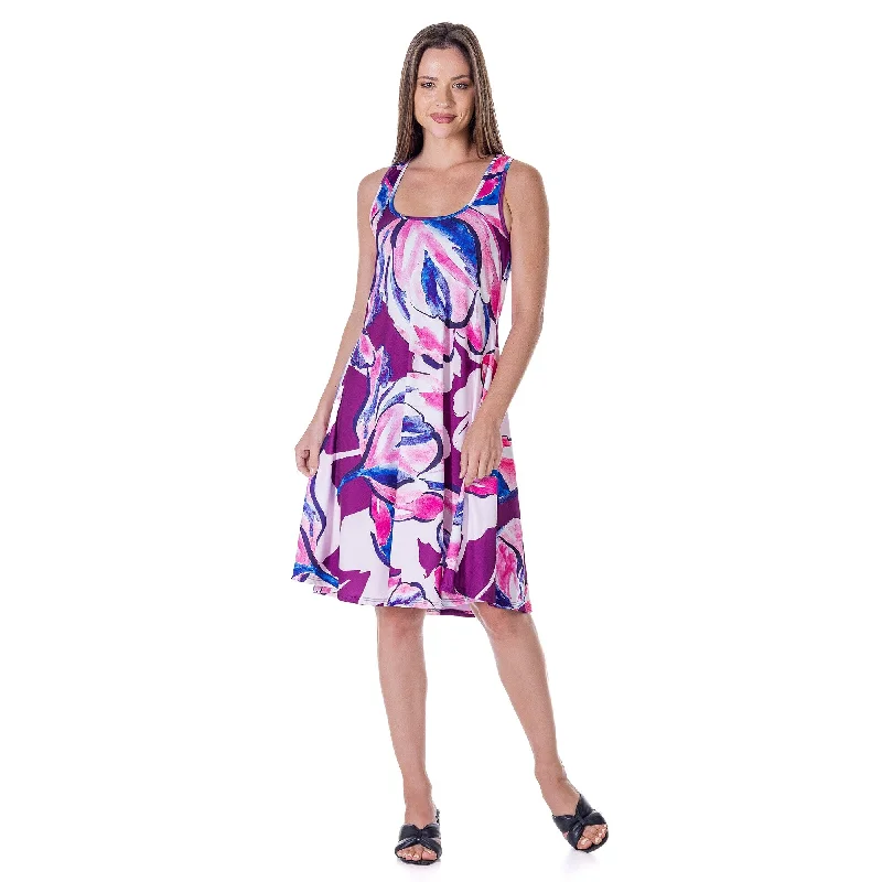 Casual Chic 24seven Comfort Apparel Womens Purple Floral Sleeveless Knee Length Tank Swing Dress Casual Chic 24seven Comfort Apparel Womens Purple Floral Sleeveless Knee Length Tank Swing Dress