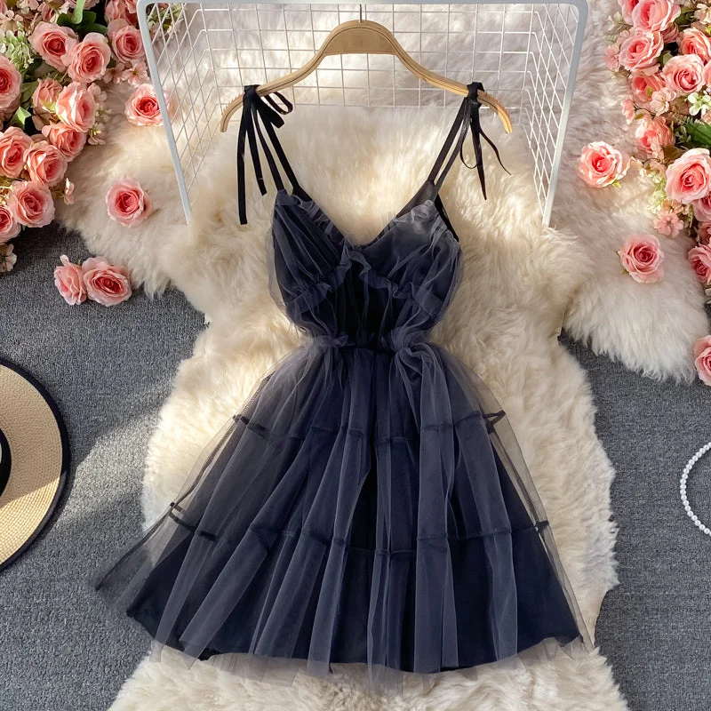 Women's Garments Bow tie tie waist closing thin mesh puffy dress  3071